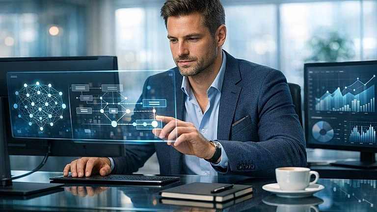 KI Beratung Unternehmen: Berater analysiert KI-Strategie am modernen Arbeitsplatz
