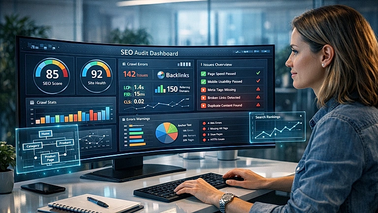 SEO Audit Checkliste: professionelle Website-Analyse am Bildschirm