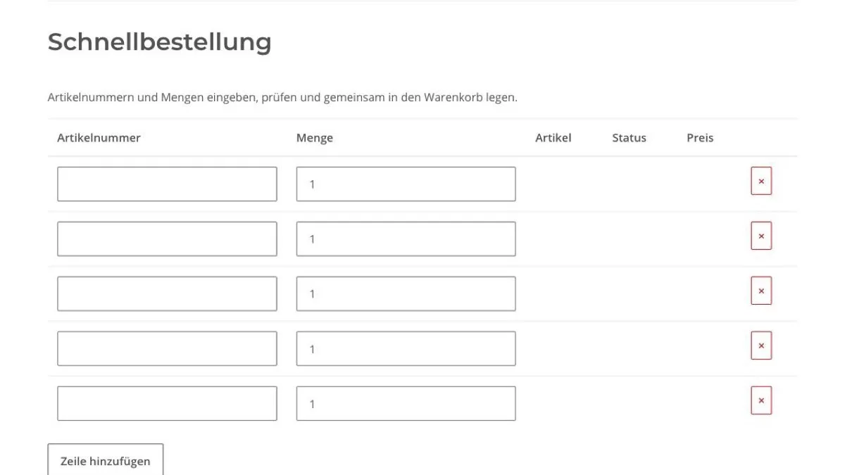 Leeres Schnellbestellformular mit Spalten für Artikelnummer und Menge