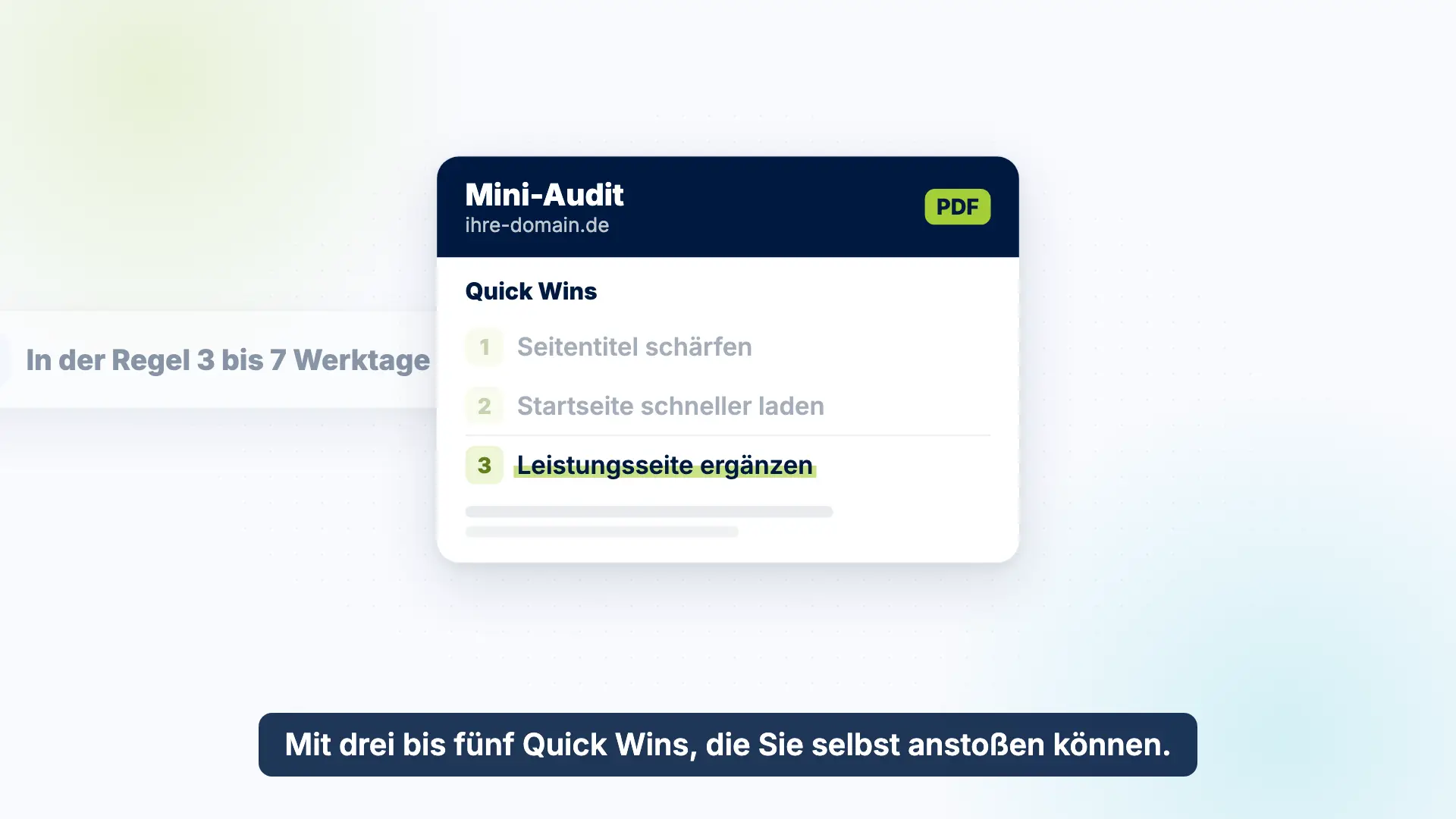Vorschau des Erklärvideos: Ein Mini-Audit als PDF mit drei Quick Wins für eine Beispiel-Domain.