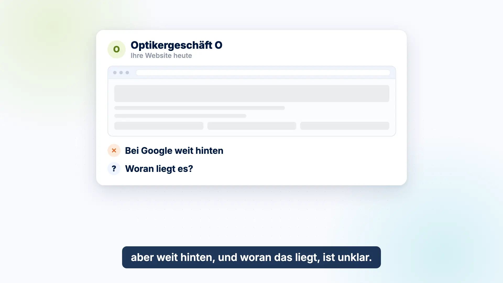 Vorschau des Erklärvideos: Die Website eines Beispiel-Optikergeschäfts steht bei Google zu wichtigen Suchbegriffen weit hinten.
