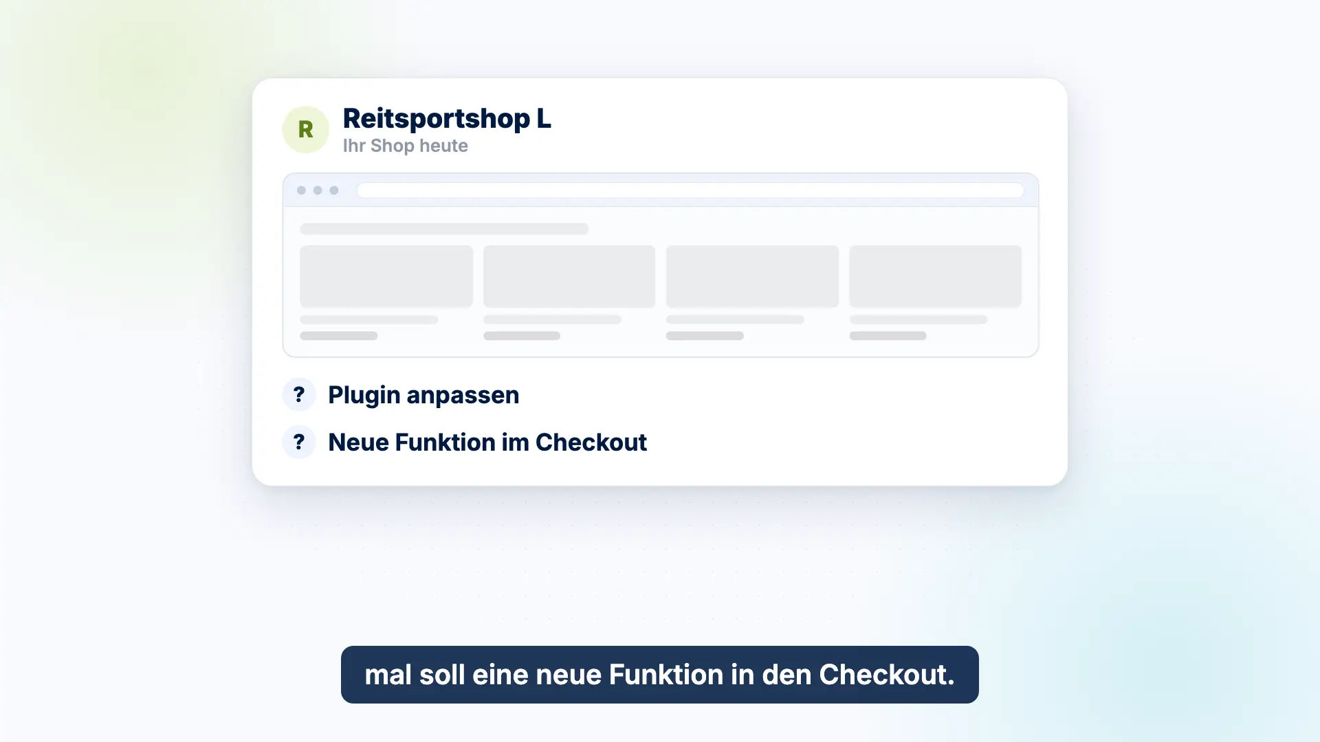 Vorschau des Erklärvideos: Am Shopware-Shop eines Beispiel-Reitsportshops soll ein Plugin angepasst werden und eine neue Funktion in den Checkout.